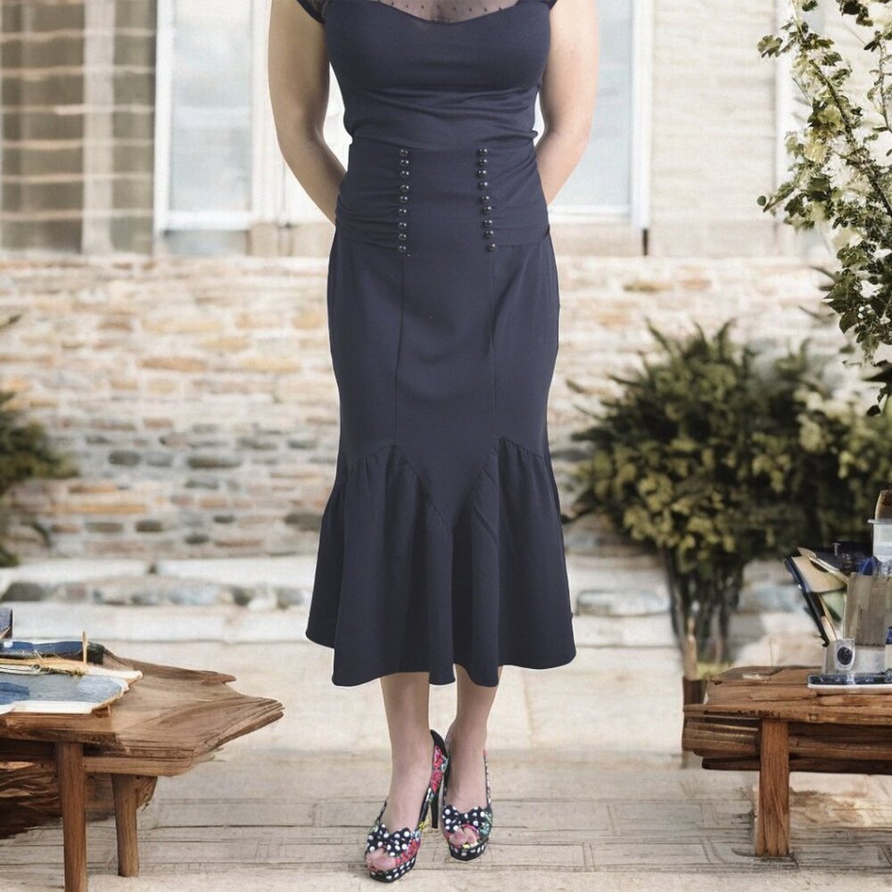 Black High-Waisted Mermaid Skirt Ruffle Hem Midi Corset Bow Party Skirt
